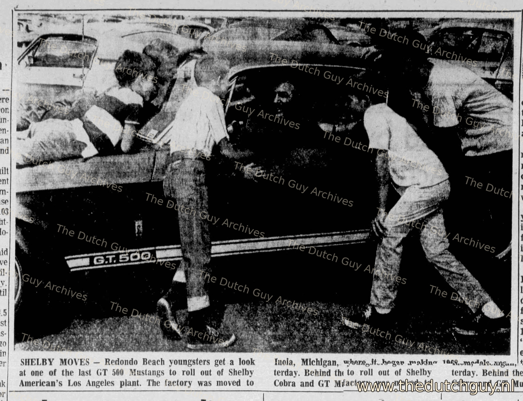 Newspaper photo, last 1967 GT500s from Shelby American’s Los Angeles plant, Carroll Shelby at the wheel, 2 August 1967