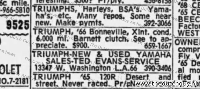 Triumph Bonneville classified, 16 March 1968, 659-1667