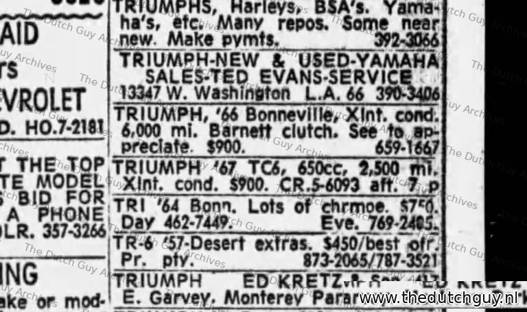 Triumph Bonneville classified, 20 March 1968, 659-1667