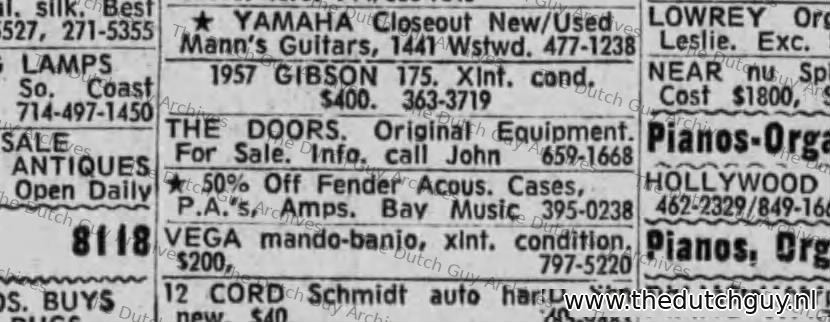 The Doors original equipment classified, 11 August 1973, call John, 659-1668