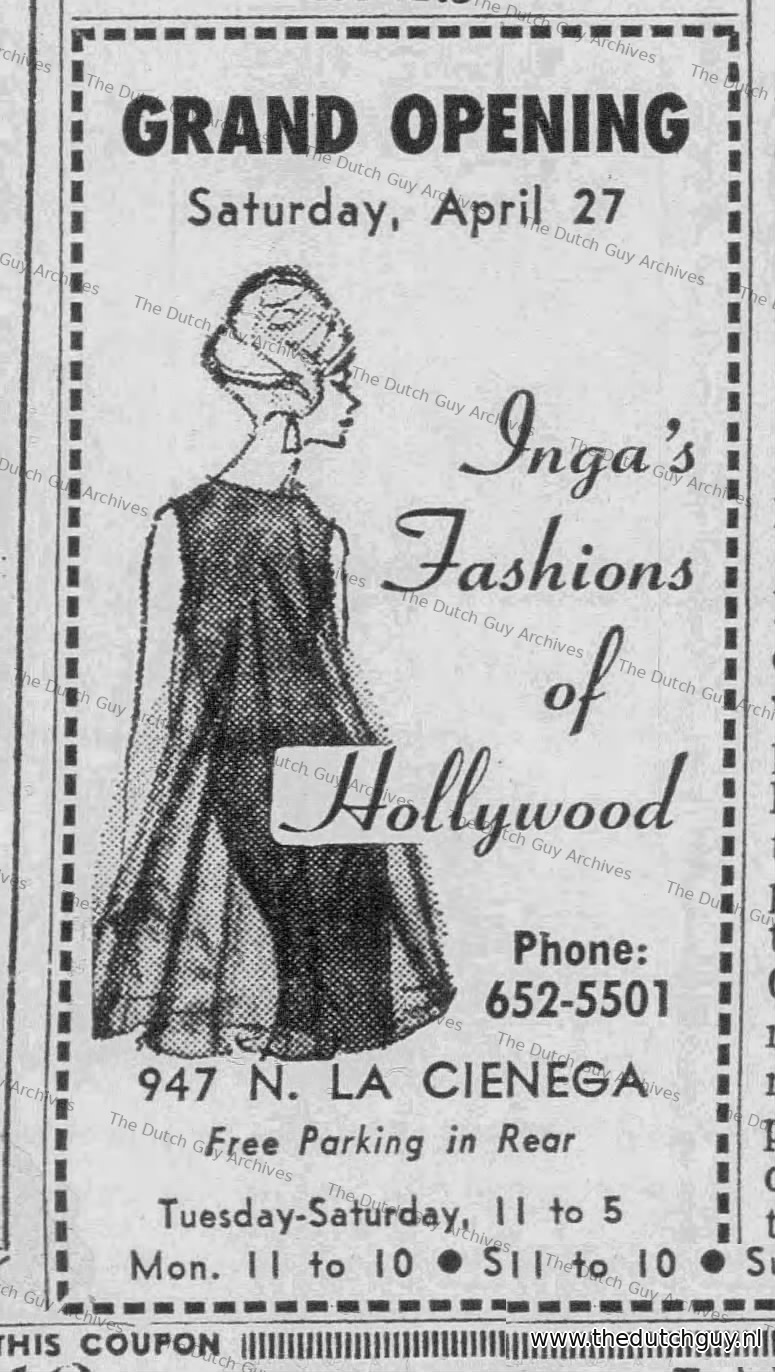 Inga’s Fashions of Hollywood grand opening, 947 N. La Cienega, 26 April 1968