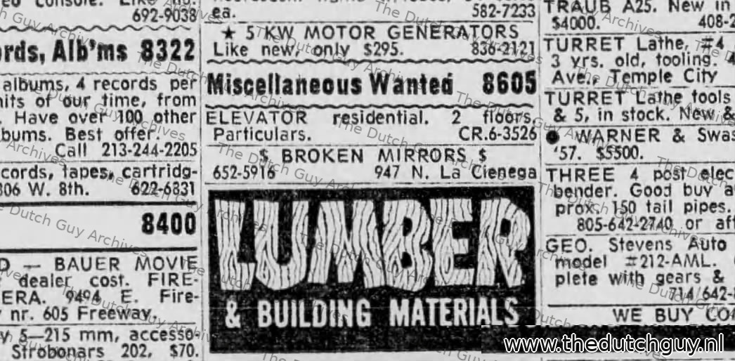 Wanted ad, broken mirrors, 947 N. La Cienega, 9 August 1969