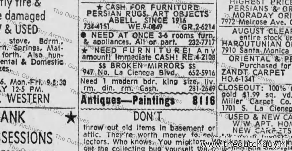 Wanted ad, broken mirrors, 947 No. La Cienega Blvd, 10 August 1969