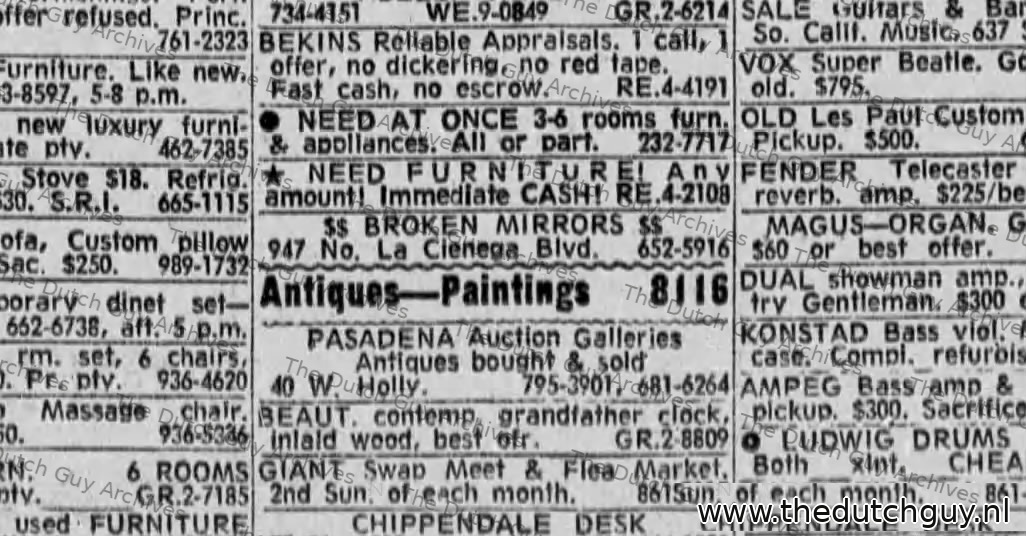 Wanted ad, broken mirrors, 947 No. La Cienega Blvd, 11 August 1969