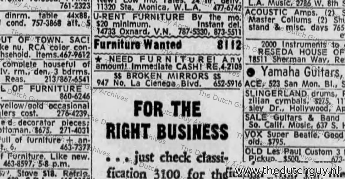 Wanted ad, broken mirrors, 947 No. La Cienega Blvd, 13 August 1969