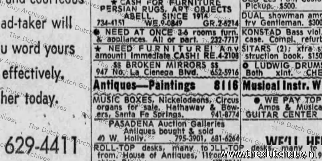 Wanted ad, broken mirrors, 947 No. La Cienega Blvd, 14 August 1969