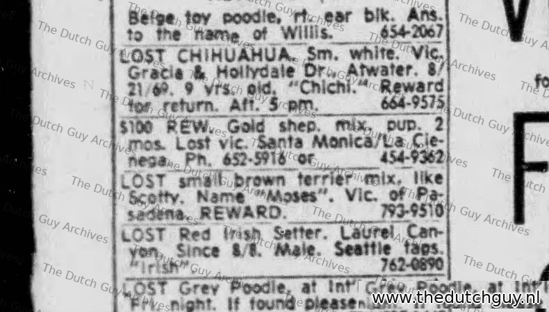 Lost dog classified, 27 August 1969, 652-5916