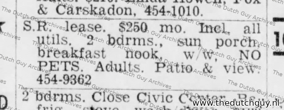 Apartment lease classified, 13 February 1970, 454-9362