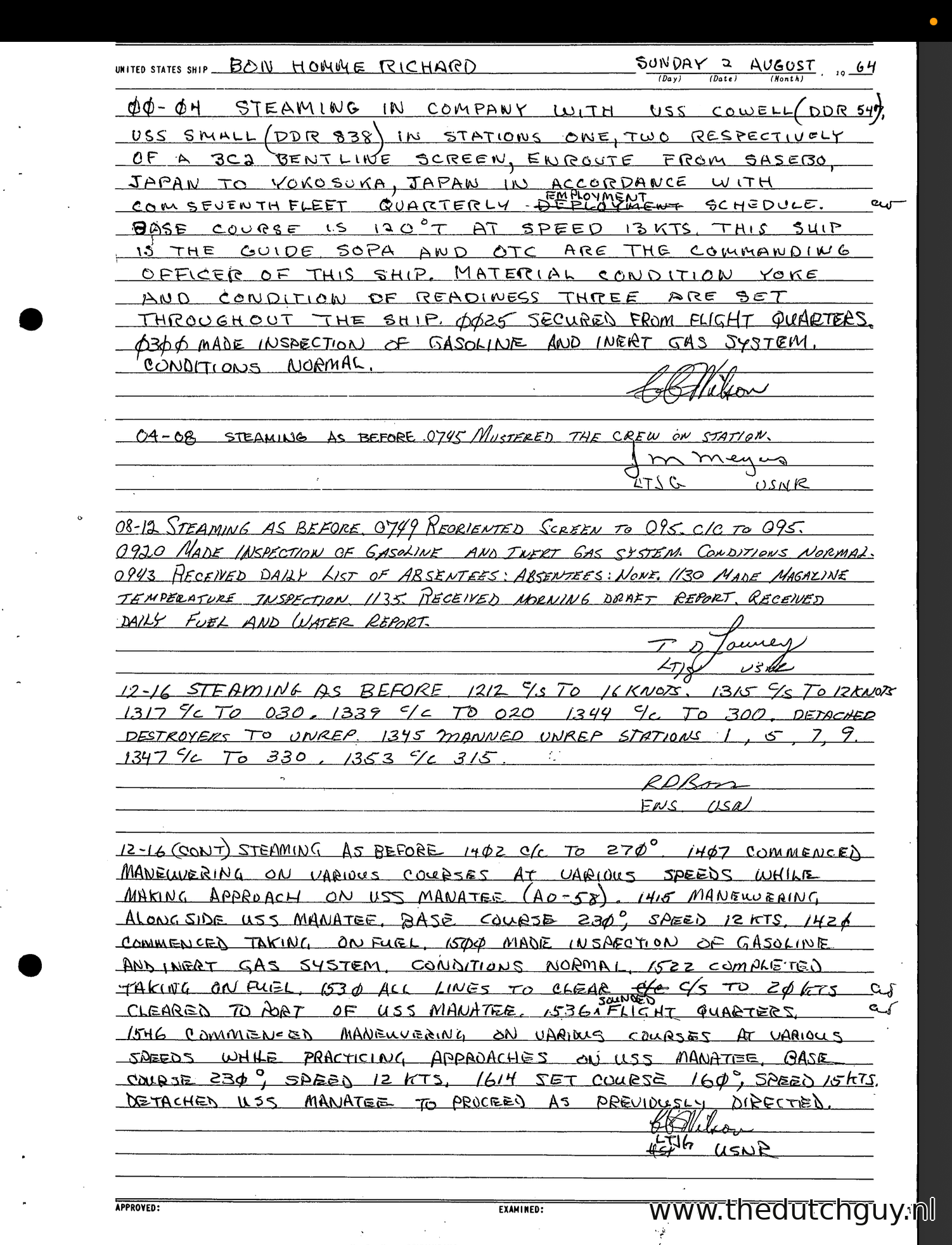 USS Bon Homme Richard deck log, Sunday 2 August 1964
