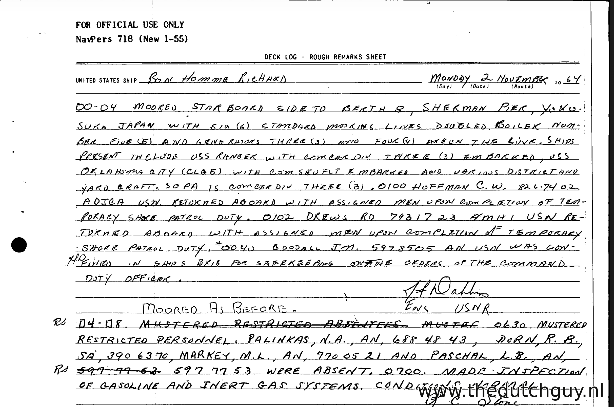 USS Bon Homme Richard deck log, Monday 2 November 1964, Yokosuka