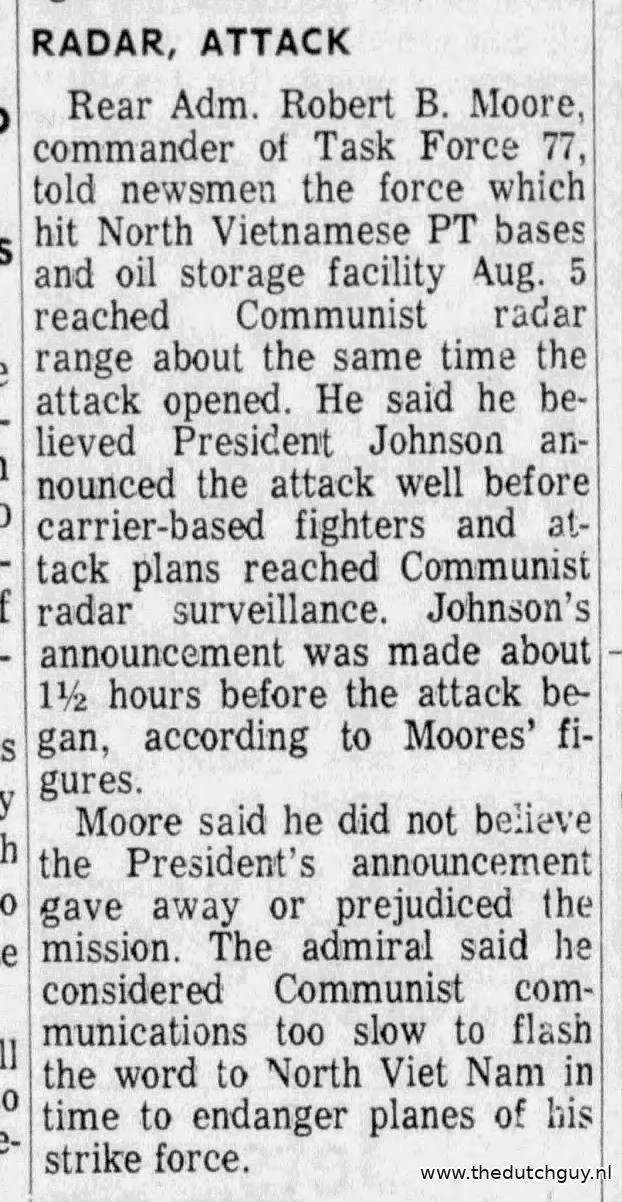 Newspaper cutting: Rear Admiral Robert B. Moore, commander of Task Force 77, on the 5 August strikes