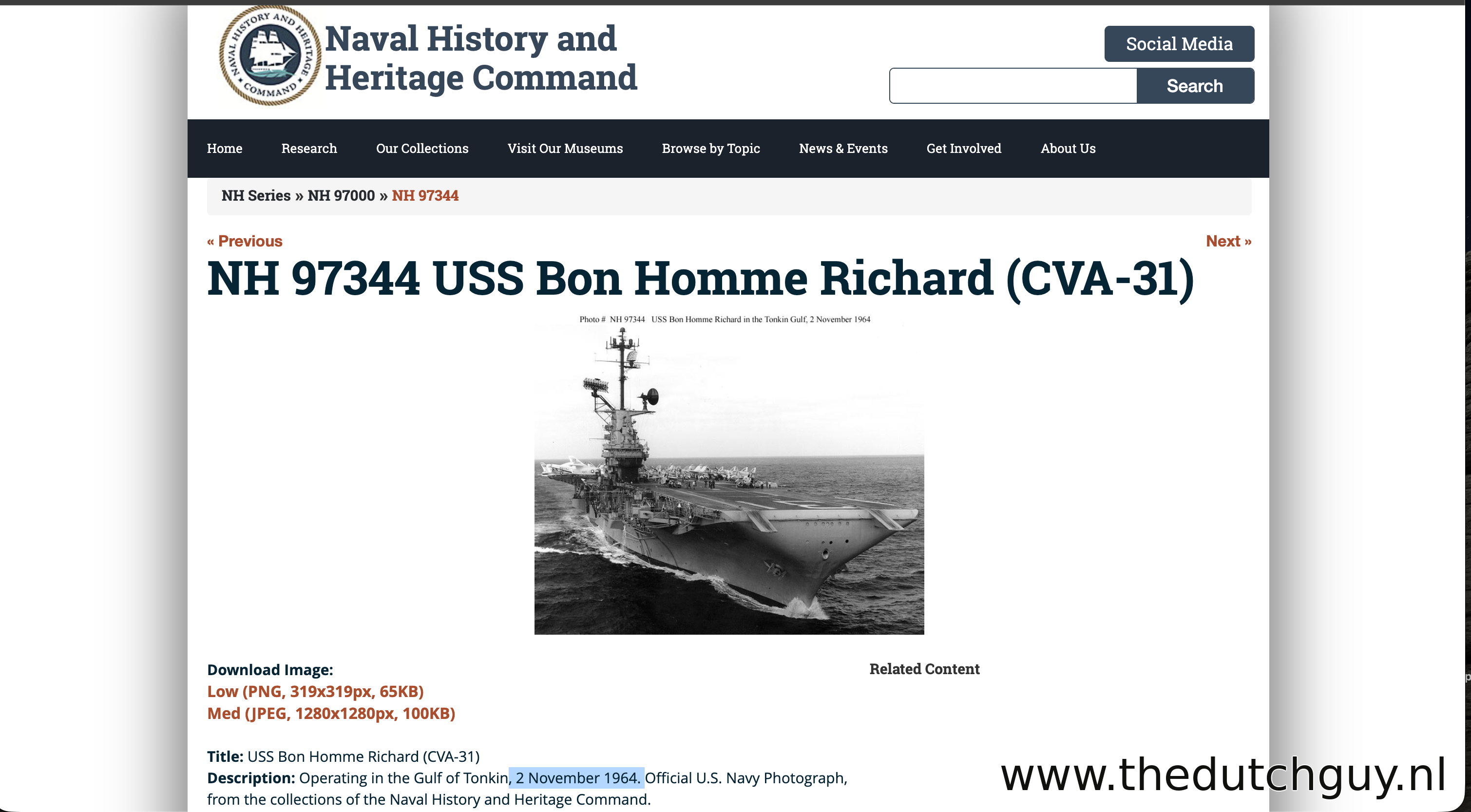 Naval History and Heritage Command catalog page NH 97344, wrongly dated Gulf of Tonkin 2 November 1964