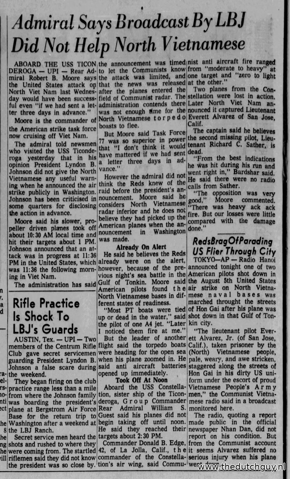 UPI full dispatch from USS Ticonderoga, Admiral Says Broadcast By LBJ Did Not Help North Vietnamese, Rear Admiral Robert B. Moore