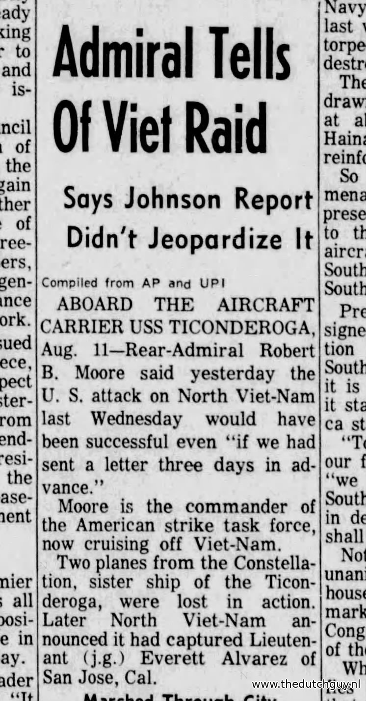 Newspaper headline Admiral Tells Of Viet Raid, Rear-Admiral Robert B. Moore aboard USS Ticonderoga, 11 August 1964