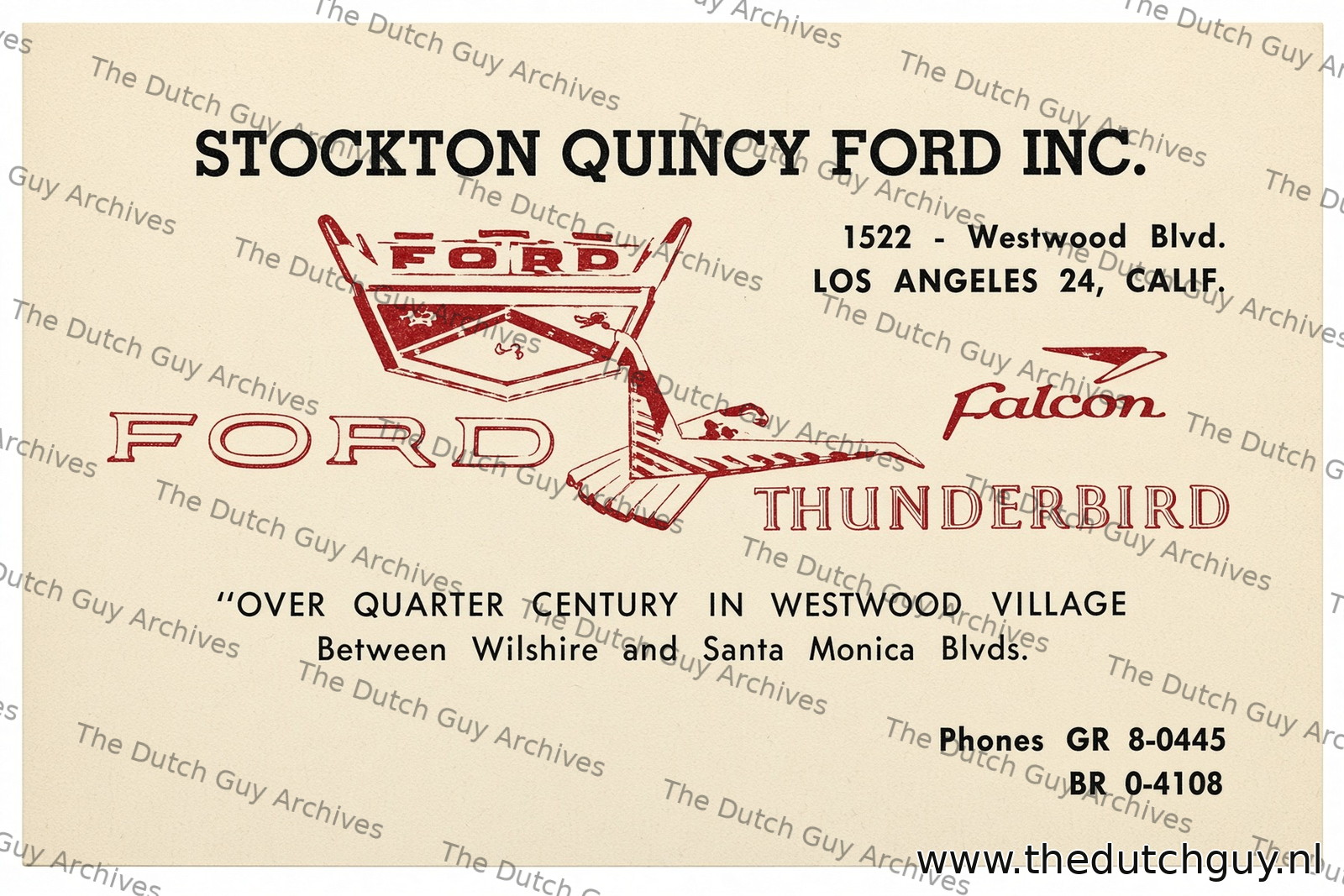 Stockton Quincy Ford Inc. card, 1522 Westwood Boulevard, Los Angeles